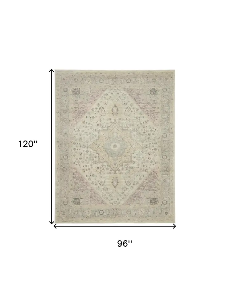 8' X 10' Ivory Pink And Gray Floral Medallion Distressed Area Rug