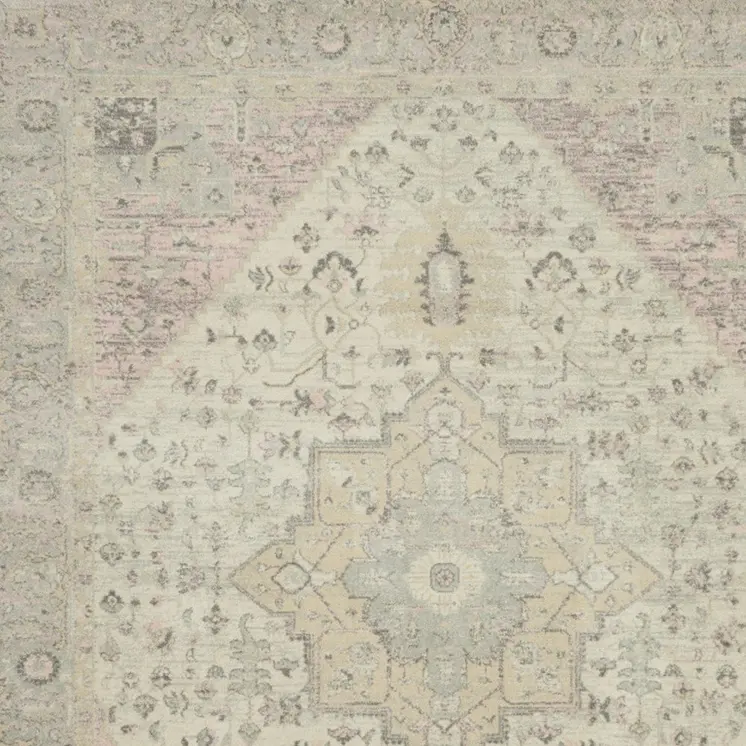 8' X 10' Ivory Pink And Gray Floral Medallion Distressed Area Rug