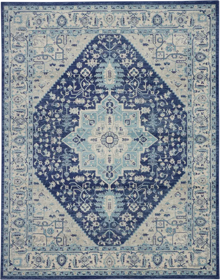 8' X 10' Ivory And Navy Blue Floral Medallion Distressed Area Rug