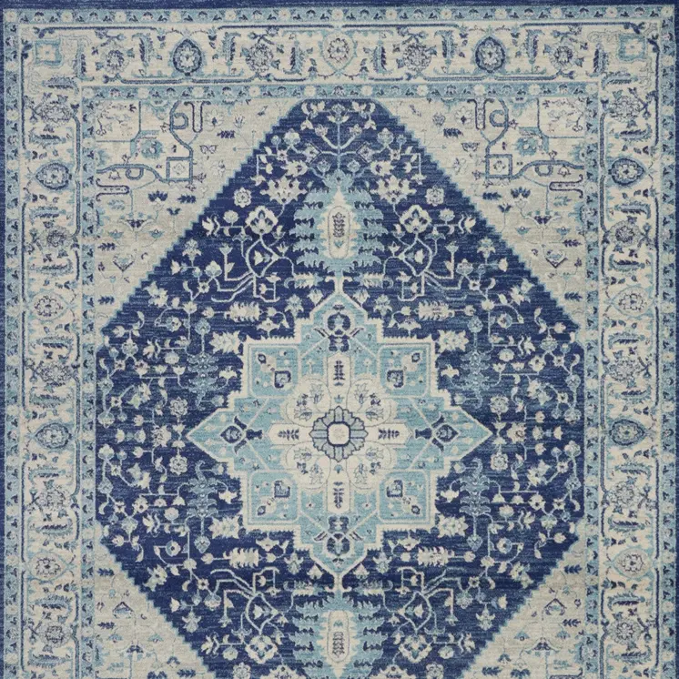 8' X 10' Ivory And Navy Blue Floral Medallion Distressed Area Rug