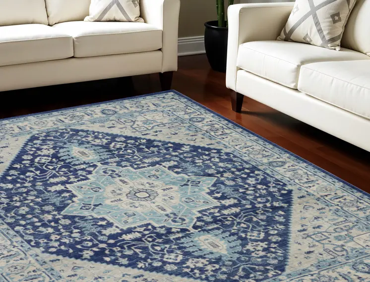 8' X 10' Ivory And Navy Blue Floral Medallion Distressed Area Rug