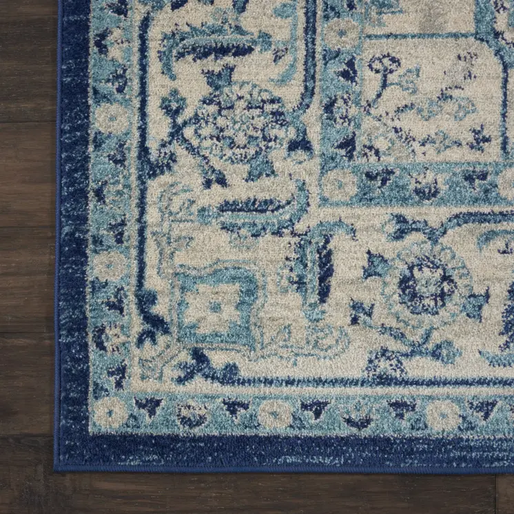 8' X 10' Ivory And Navy Blue Floral Medallion Distressed Area Rug