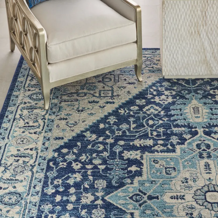 8' X 10' Ivory And Navy Blue Floral Medallion Distressed Area Rug