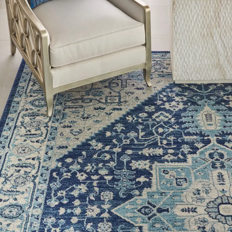8' X 10' Ivory And Navy Blue Floral Medallion Distressed Area Rug