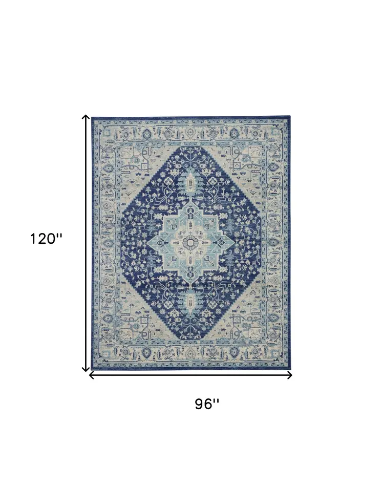 8' X 10' Ivory And Navy Blue Floral Medallion Distressed Area Rug
