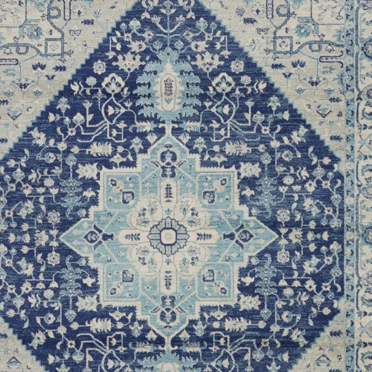 8' X 10' Ivory And Navy Blue Floral Medallion Distressed Area Rug
