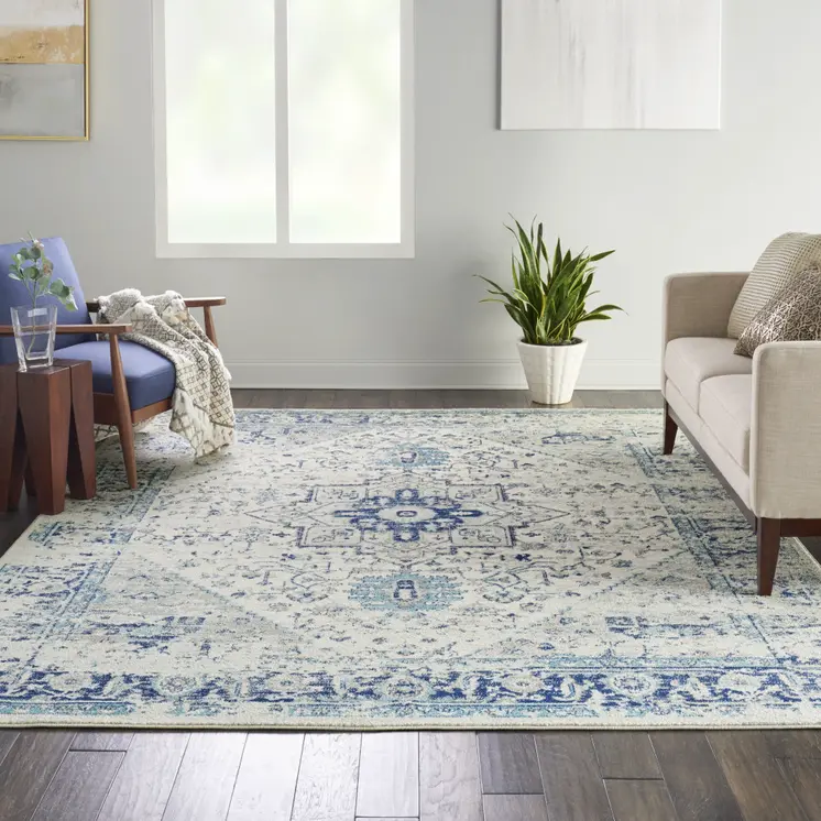 8' X 10' Ivory And Light Blue Floral Medallion Distressed Area Rug