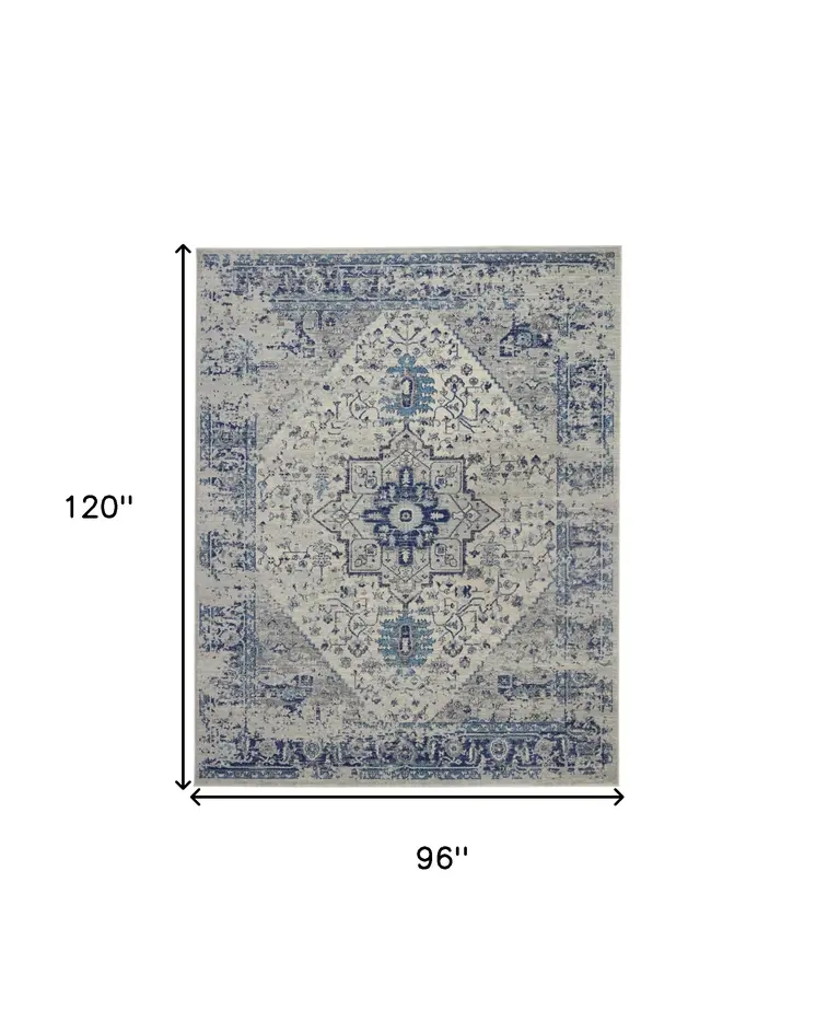 8' X 10' Ivory And Light Blue Floral Medallion Distressed Area Rug