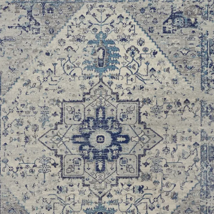 8' X 10' Ivory And Light Blue Floral Medallion Distressed Area Rug