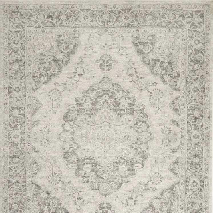 8' X 10' Ivory And Gray Floral Medallion Distressed Area Rug