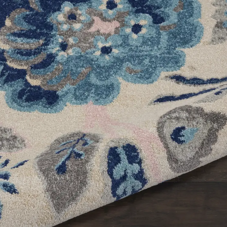 8' X 10' Ivory Navy Blue And Light Blue Floral Area Rug