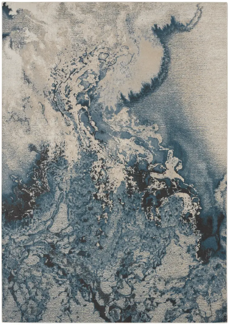 7' X 10' Ivory Teal Blue and Black Abstract Non Skid Area Rug