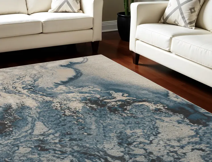 7' X 10' Ivory Teal Blue and Black Abstract Non Skid Area Rug