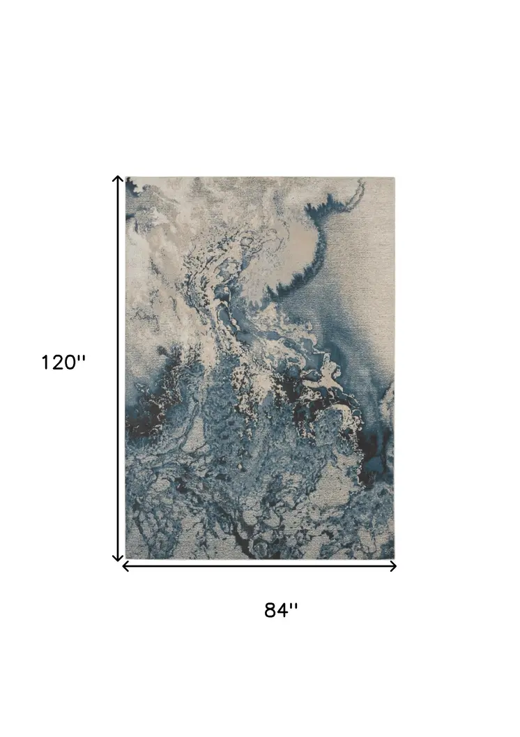 7' X 10' Ivory Teal Blue and Black Abstract Non Skid Area Rug