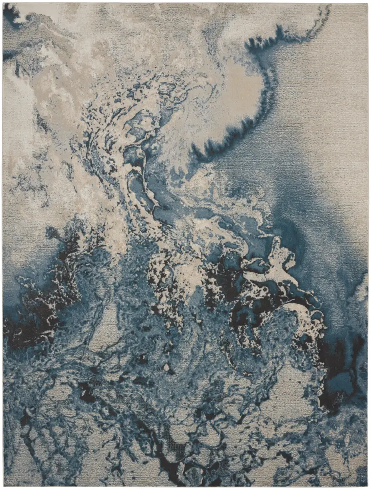 8' X 11' Ivory Teal Blue and Black Abstract Non Skid Area Rug