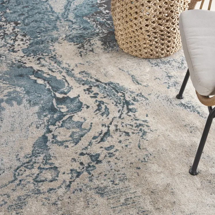 8' X 11' Ivory Teal Blue and Black Abstract Non Skid Area Rug