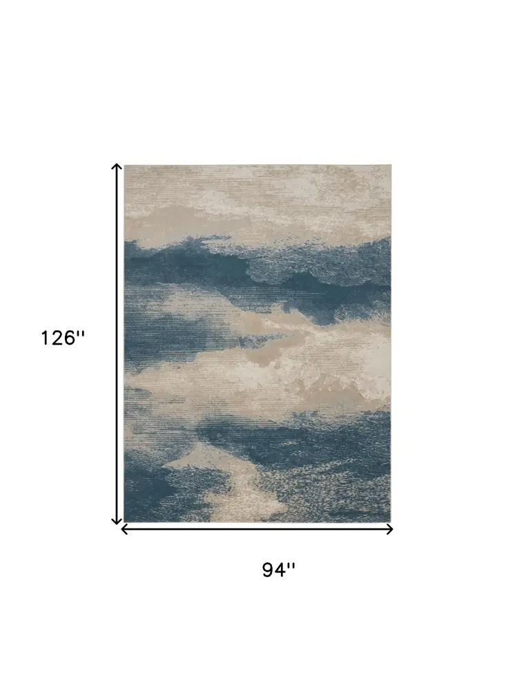 8' X 11' Ivory and Teal Blue Abstract Non Skid Area Rug