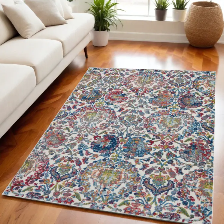 5' X 8' Ivory Blue and Red Floral Distressed Non Skid Area Rug