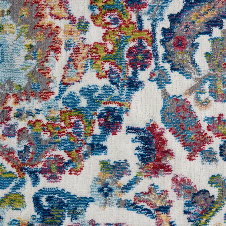 5' X 8' Ivory Blue and Red Floral Distressed Non Skid Area Rug