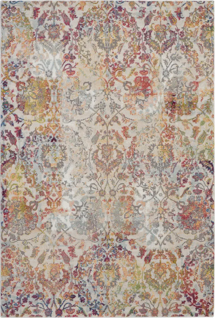5' X 8' Ivory Gray and Orange Floral Distressed Non Skid Area Rug