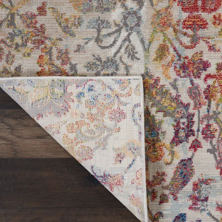 5' X 8' Ivory Gray and Orange Floral Distressed Non Skid Area Rug
