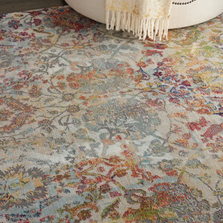 5' X 8' Ivory Gray and Orange Floral Distressed Non Skid Area Rug