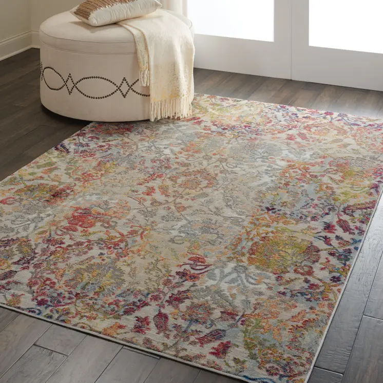 5' X 8' Ivory Gray and Orange Floral Distressed Non Skid Area Rug