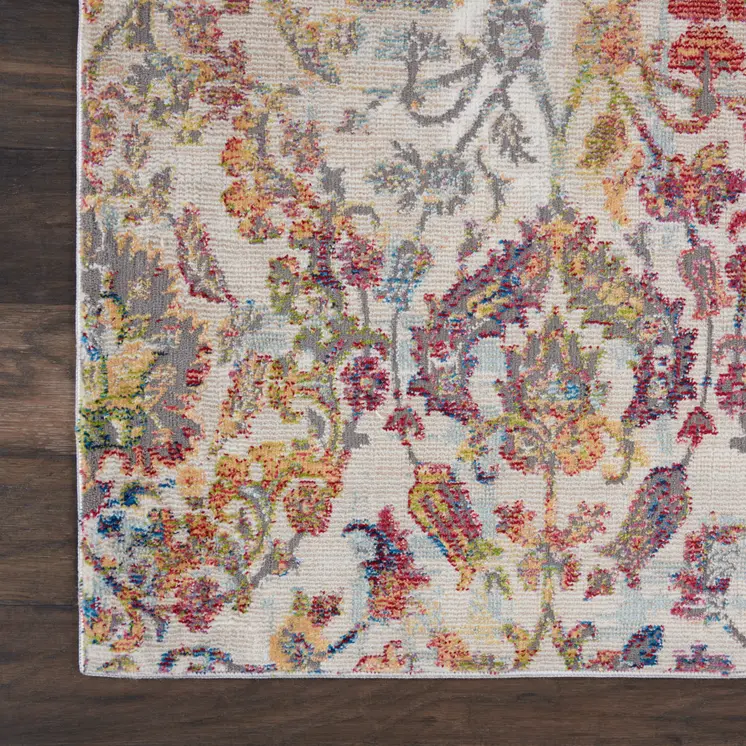 5' X 8' Ivory Gray and Orange Floral Distressed Non Skid Area Rug