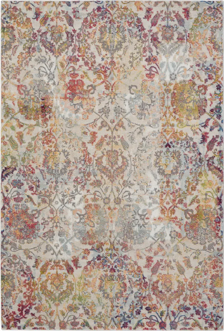 5' X 8' Ivory Gray and Orange Floral Distressed Non Skid Area Rug