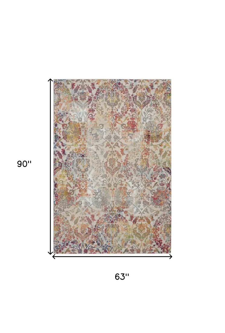 5' X 8' Ivory Gray and Orange Floral Distressed Non Skid Area Rug