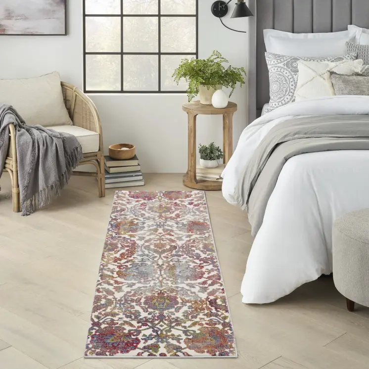 8' White and Golden Brown Floral Distressed Non Skid Runner Rug