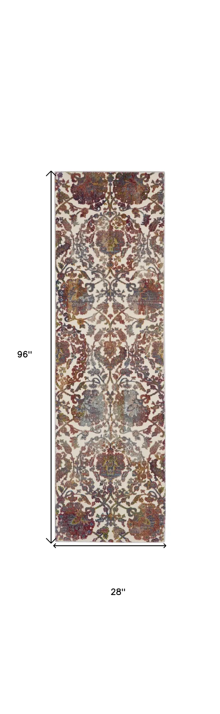 8' White and Golden Brown Floral Distressed Non Skid Runner Rug