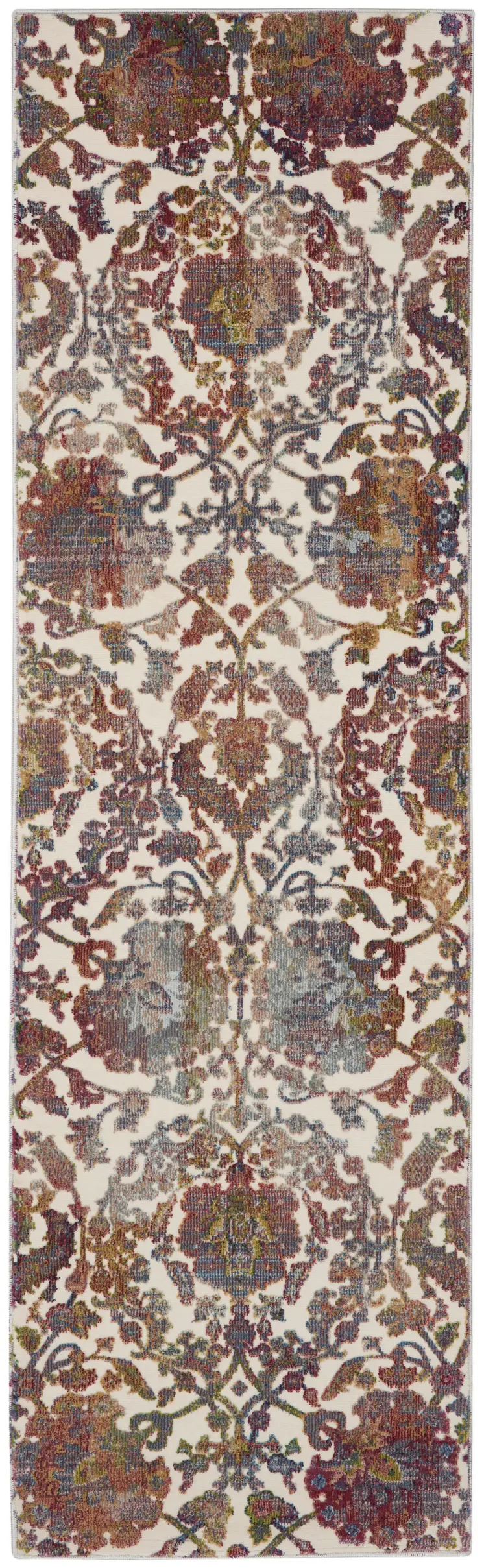 8' White and Golden Brown Floral Distressed Non Skid Runner Rug