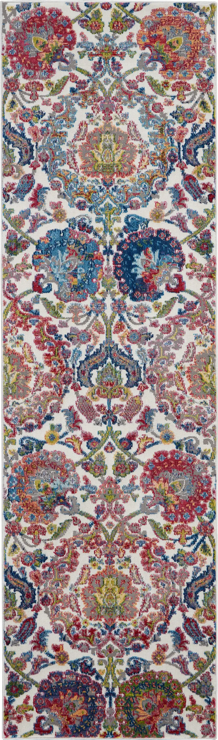 8' Ivory Blue and Gray Floral Distressed Non Skid Runner Rug
