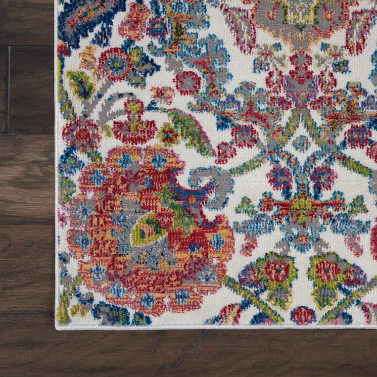 8' Ivory Blue and Gray Floral Distressed Non Skid Runner Rug