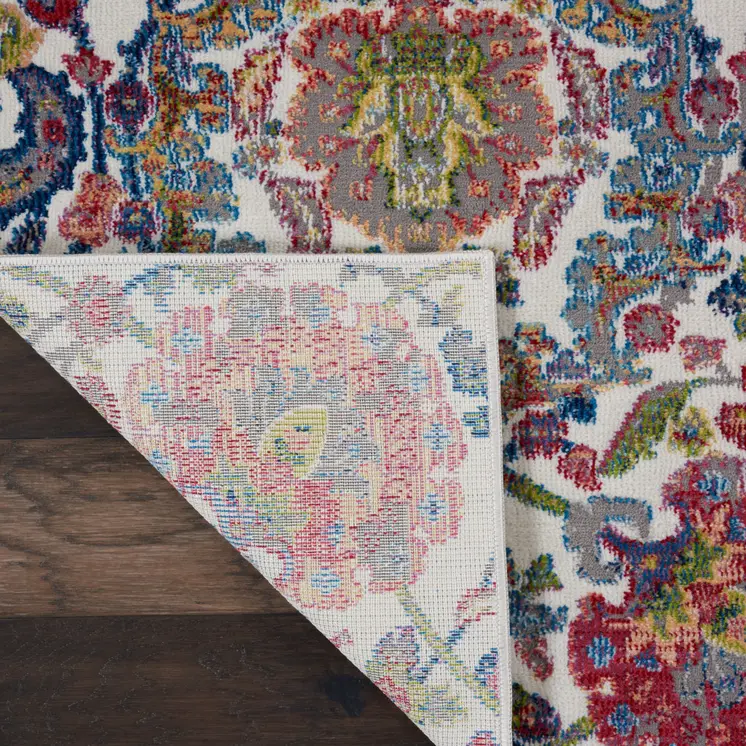 8' Ivory Blue and Gray Floral Distressed Non Skid Runner Rug