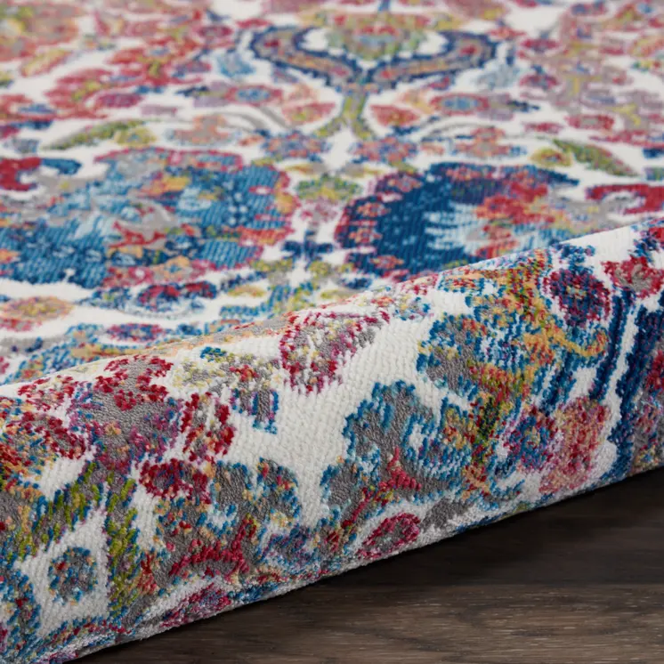8' Ivory Blue and Gray Floral Distressed Non Skid Runner Rug