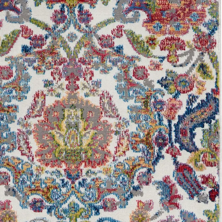 8' Ivory Blue and Gray Floral Distressed Non Skid Runner Rug