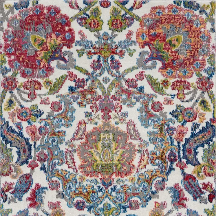 8' Ivory Blue and Gray Floral Distressed Non Skid Runner Rug