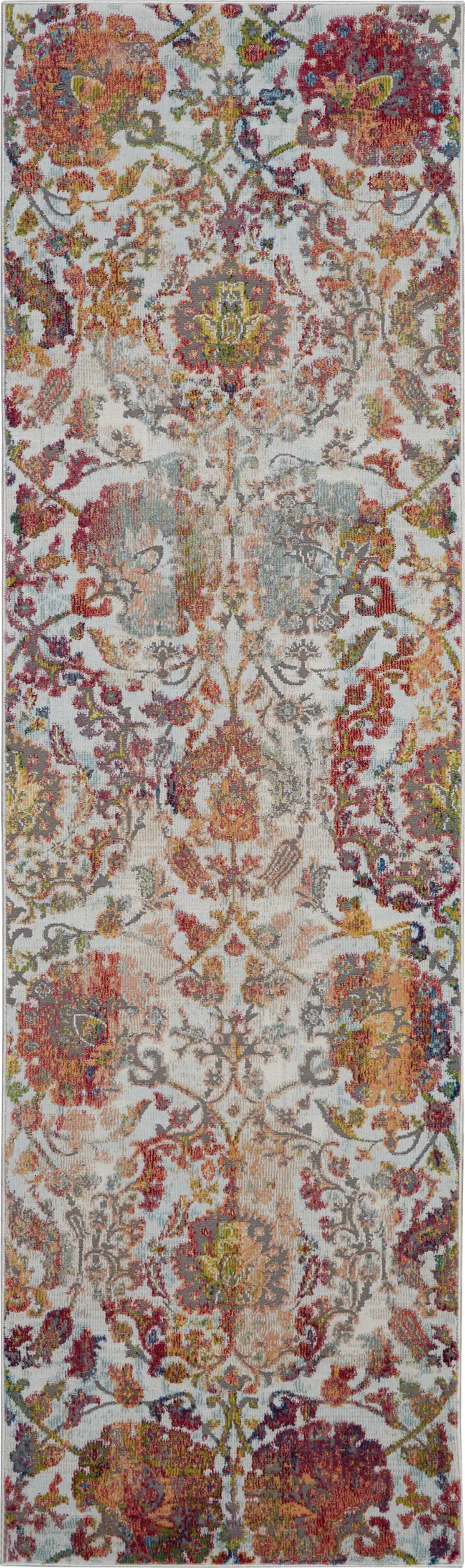 8' Ivory Gray and Orange Floral Distressed Non Skid Runner Rug