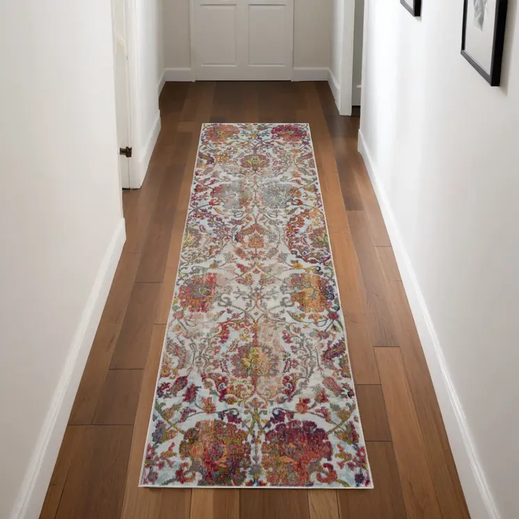 8' Ivory Gray and Orange Floral Distressed Non Skid Runner Rug