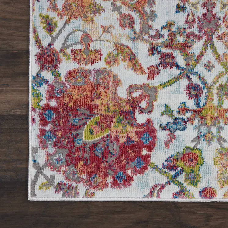 8' Ivory Gray and Orange Floral Distressed Non Skid Runner Rug