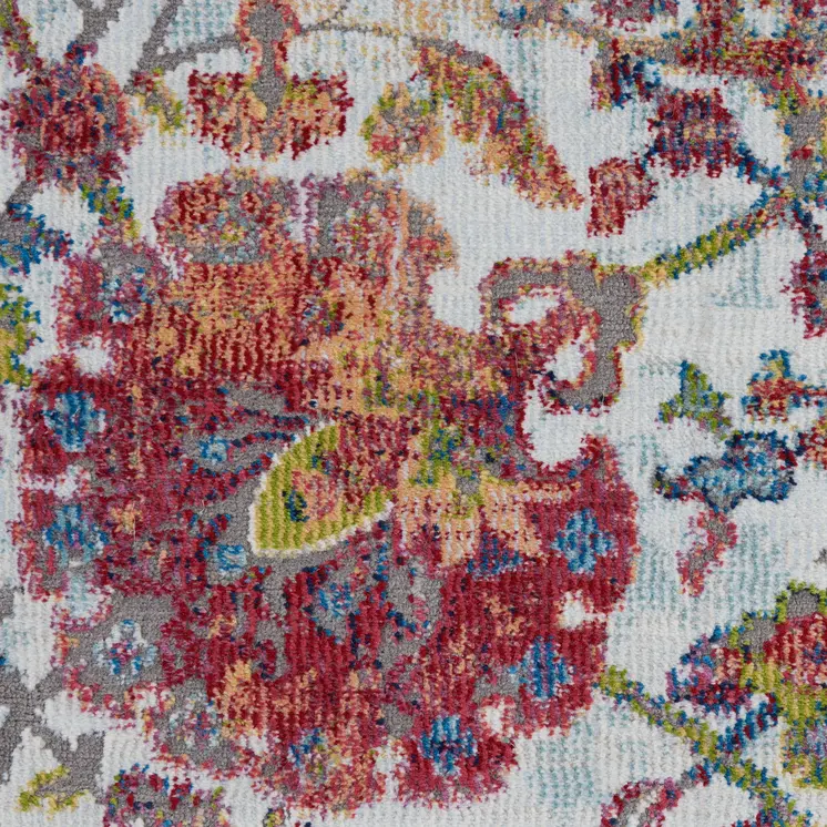 8' Ivory Gray and Orange Floral Distressed Non Skid Runner Rug