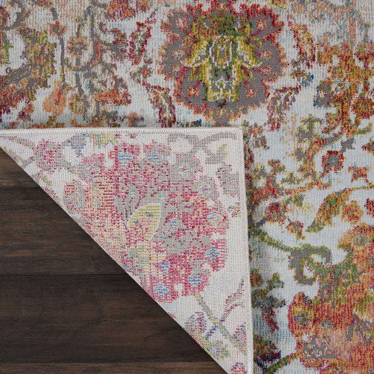 8' Ivory Gray and Orange Floral Distressed Non Skid Runner Rug