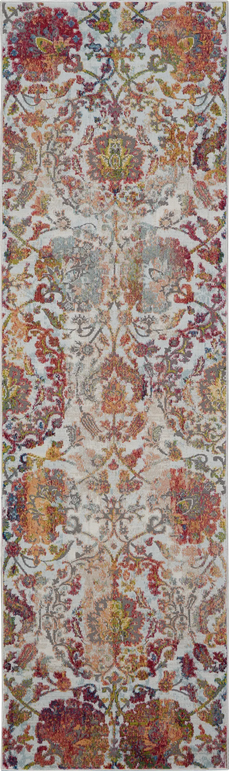 8' Ivory Gray and Orange Floral Distressed Non Skid Runner Rug