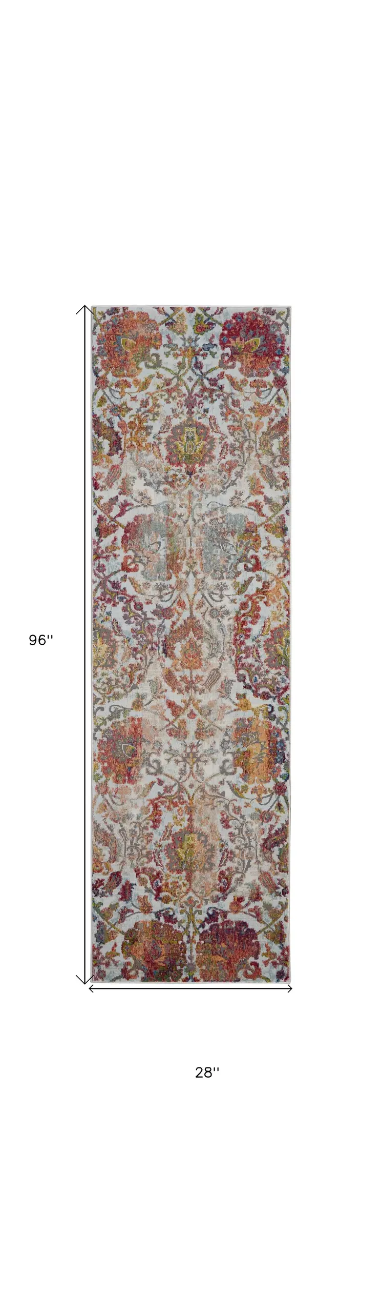 8' Ivory Gray and Orange Floral Distressed Non Skid Runner Rug