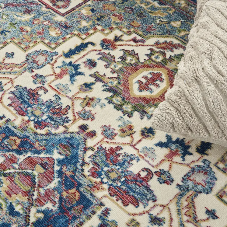 5' X 8' Navy Blue and Ivory Floral Medallion Distressed Non Skid Area Rug