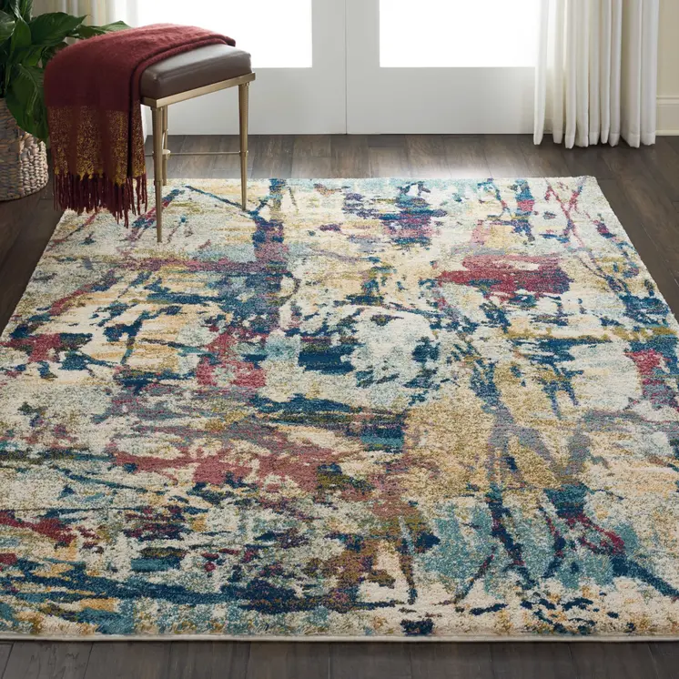 5' X 7' Cream Blue and Green Abstract Distressed Area Rug