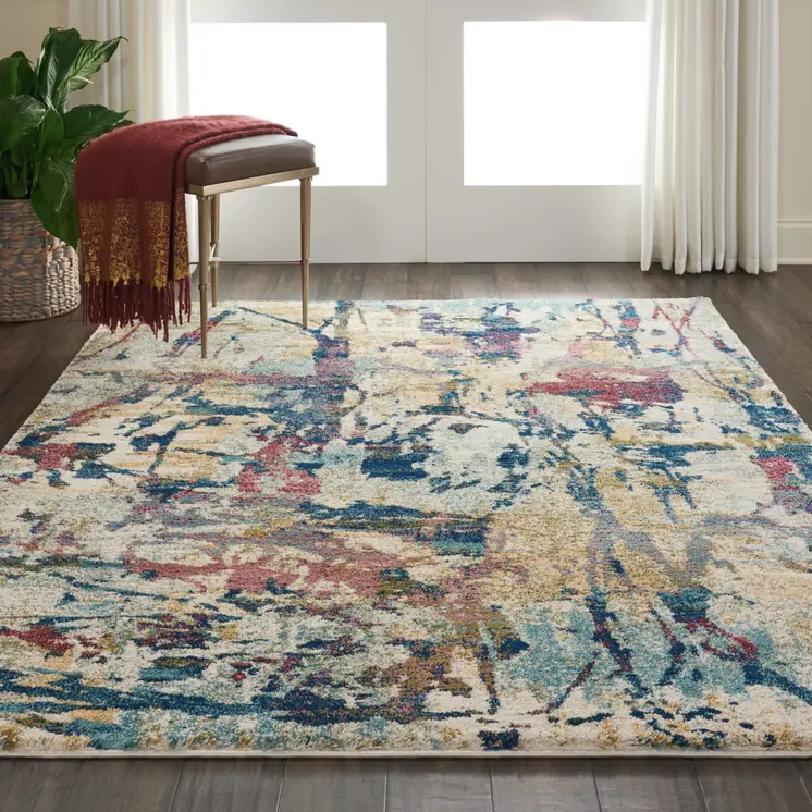 5' X 7' Cream Blue and Green Abstract Distressed Area Rug