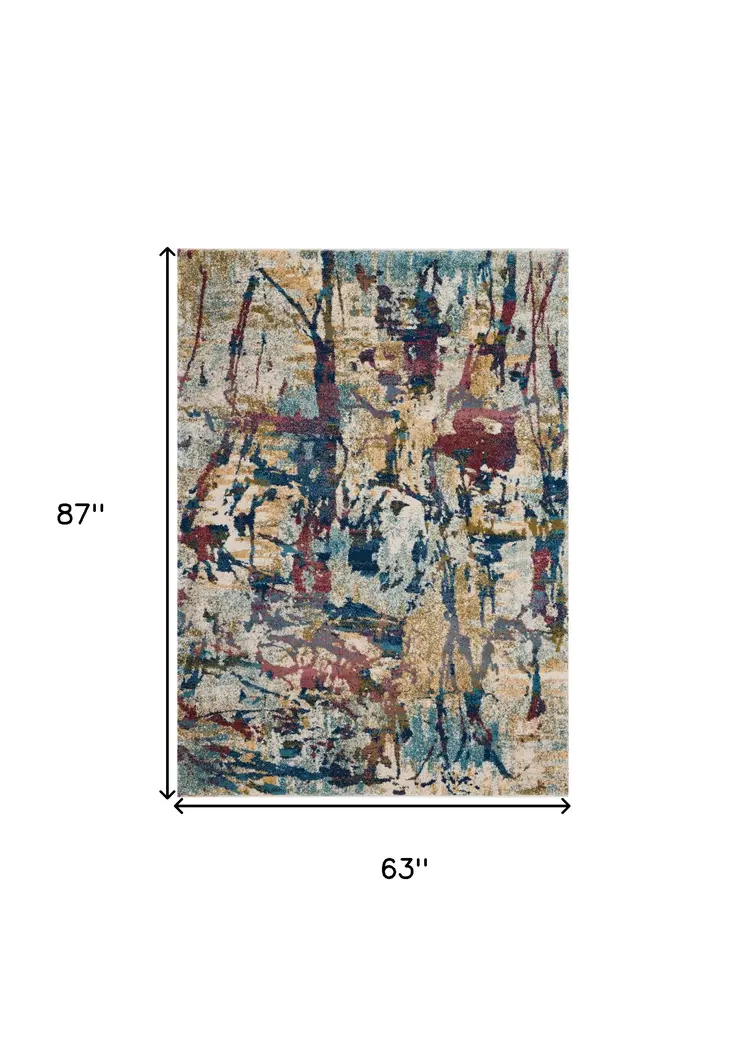 5' X 7' Cream Blue and Green Abstract Distressed Area Rug